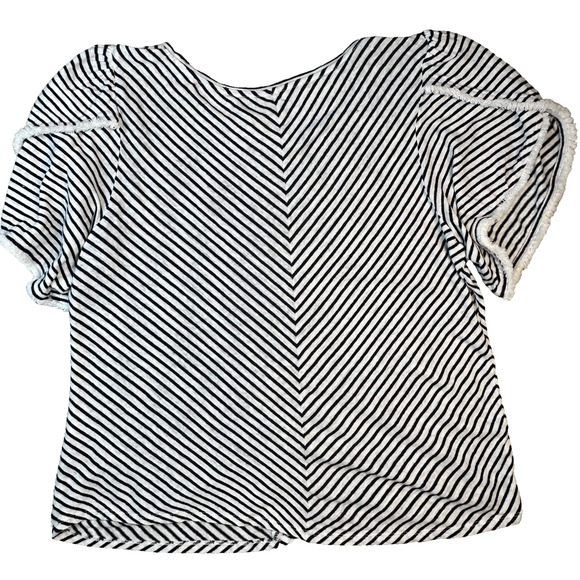 Chico's Navy White Stripe Fringed Flutter Short Sleeve 100% Linen Top Sz 3 ( L ) - Picture 5 of 16